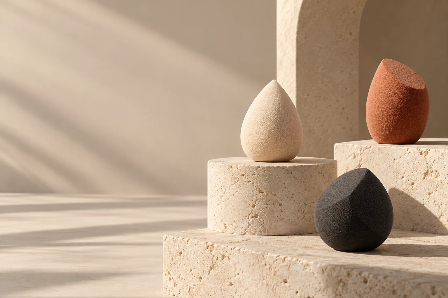 Ivory, clay and charcoal geometric makeup sponges on sculptural limestone plinths