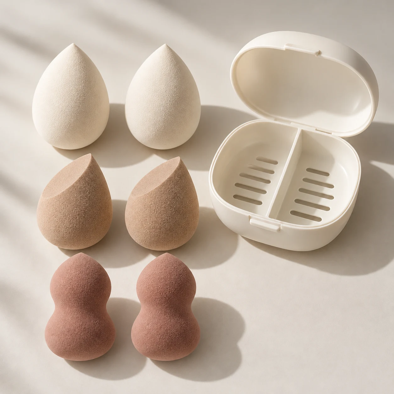 Atelier Six — Two teardrops, two slanted-cut and two hourglass sponges (58–60 mm); one divided ventilated PP case.