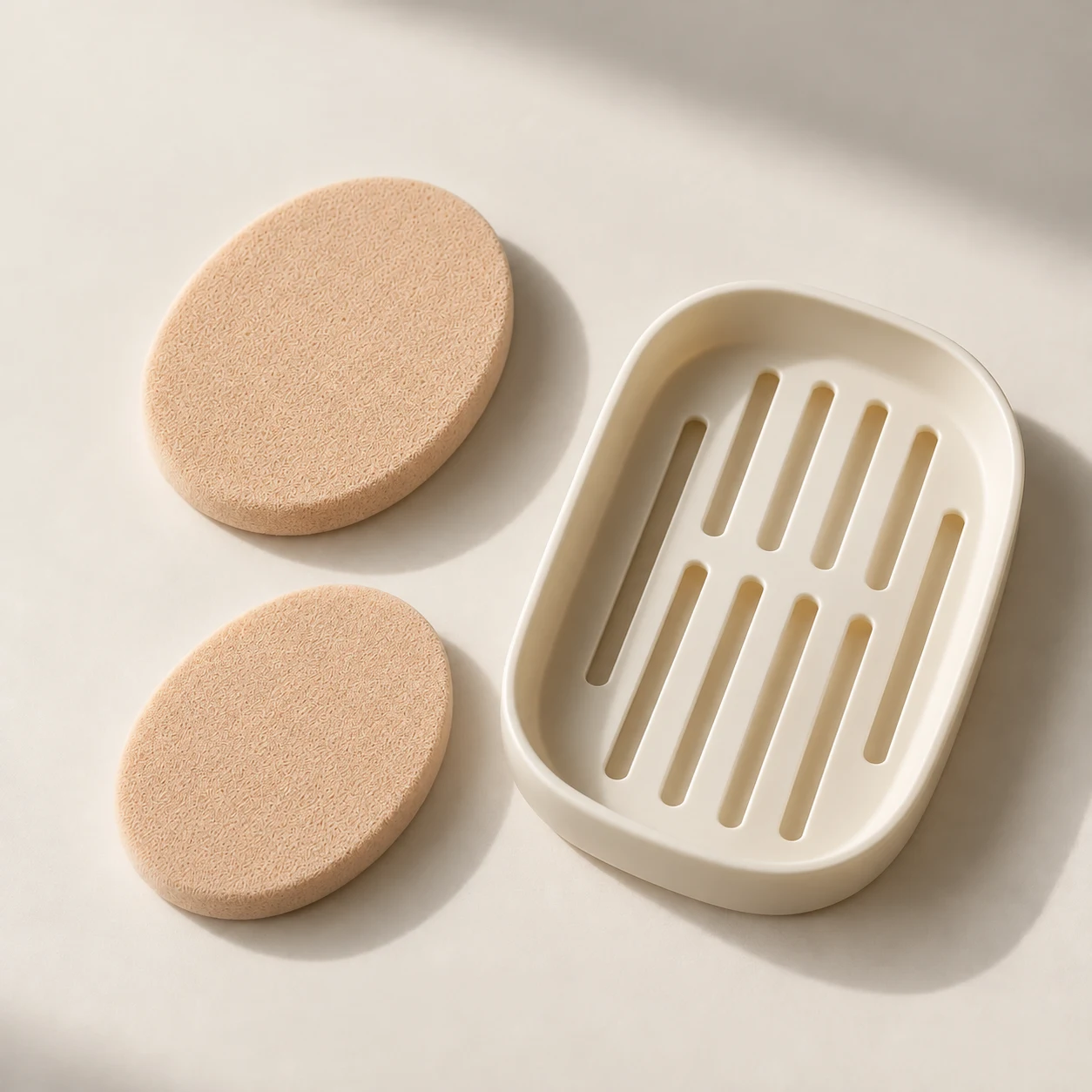 Flat Studio Duo — Two flat oval sponges, each 55 × 40 × 20 mm; one ventilated ABS tray.