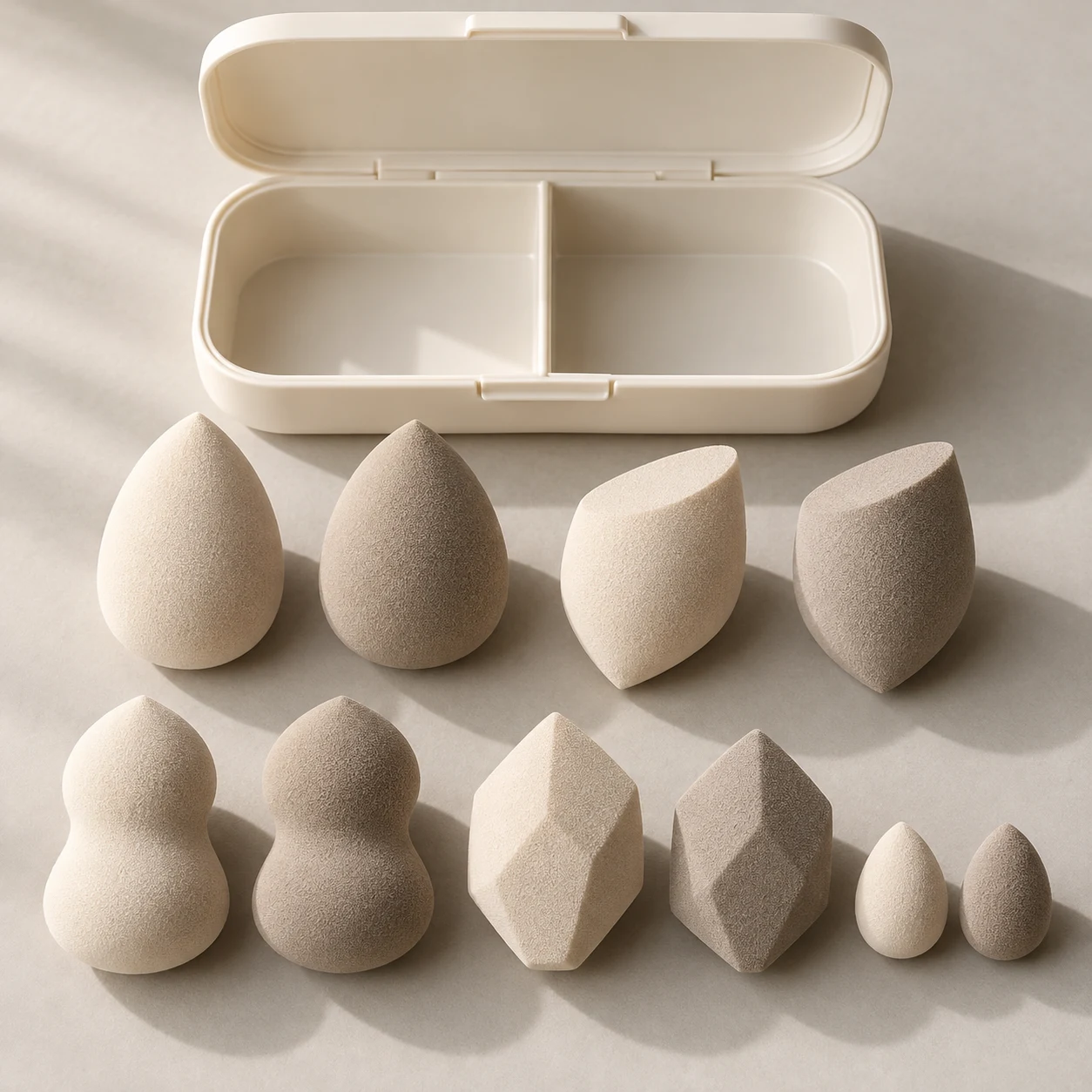 Sculptor’s Cabinet — Two each: teardrop, slanted-cut, hourglass and faceted (58–60 mm); two mini sponges (30 mm); divided PP case.