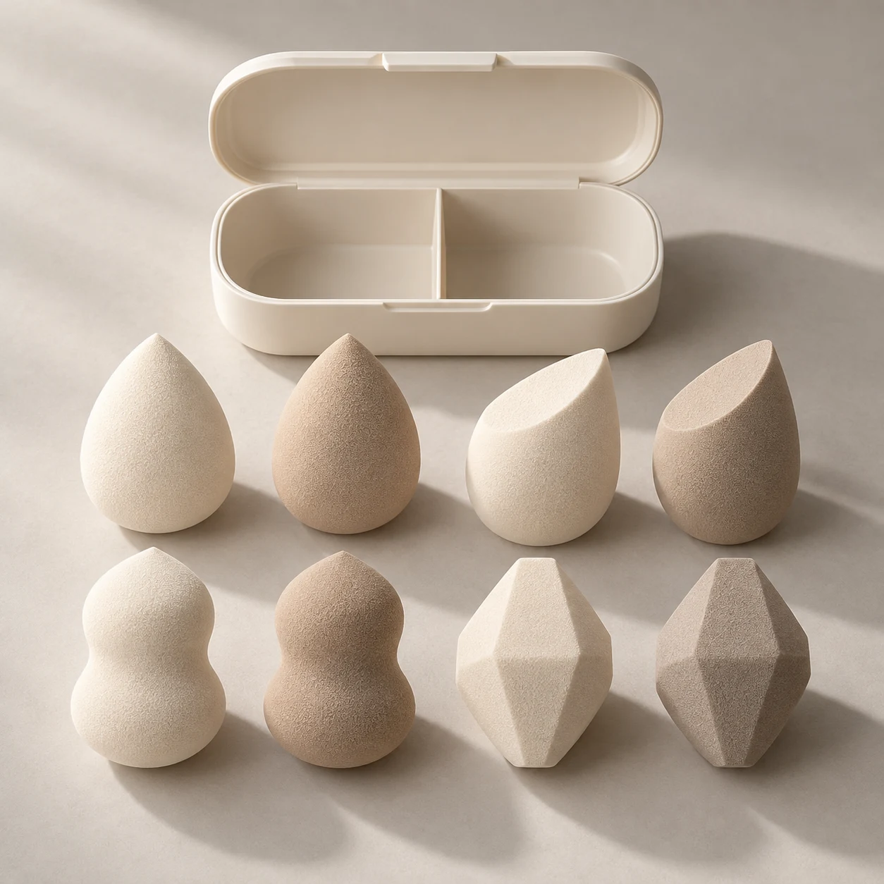 The Form Library — Two each: teardrop, slanted-cut, hourglass and faceted sponges (58–60 mm); one divided PP case.