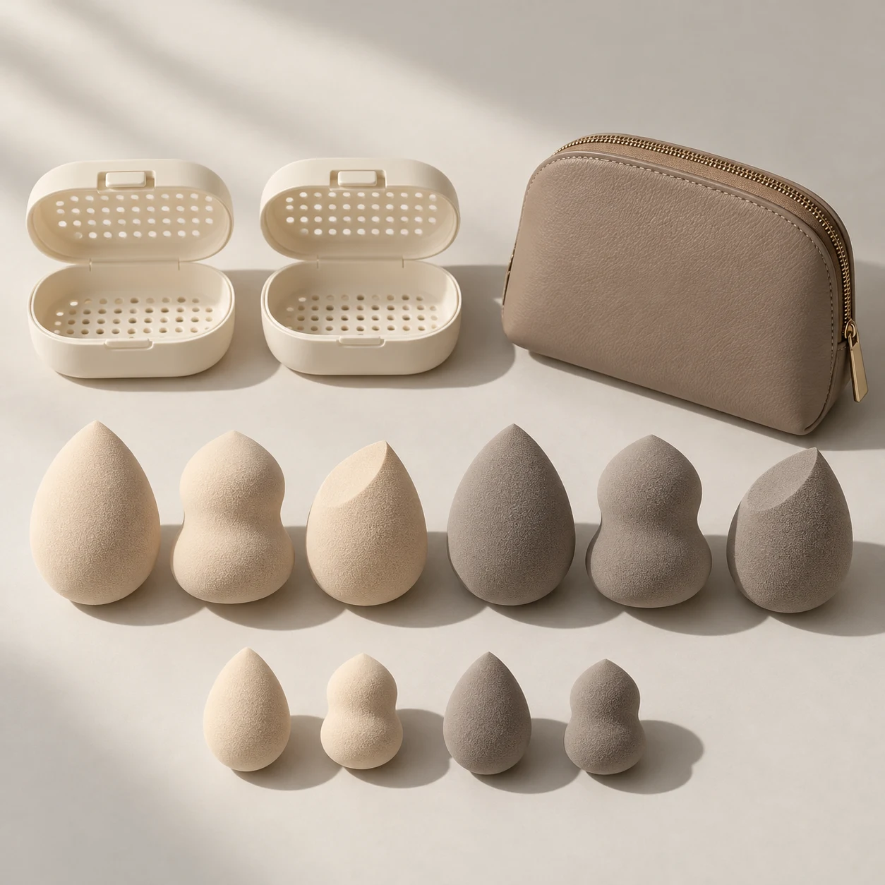 The Travel Archive — Six full-size sponges (58–60 mm), four minis (30 mm), two ventilated PP cases and PU zip pouch.