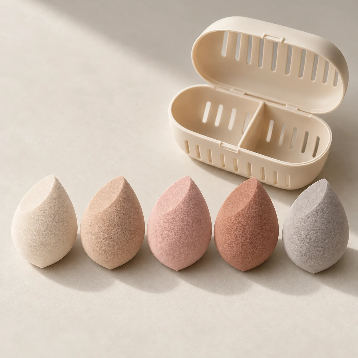 Weekday Edit — Five slanted-cut sponges (60 mm), one divided ventilated PP case.