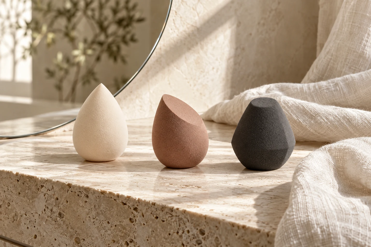 A quiet makeup ritual with sculptural sponges on a minimal vanity